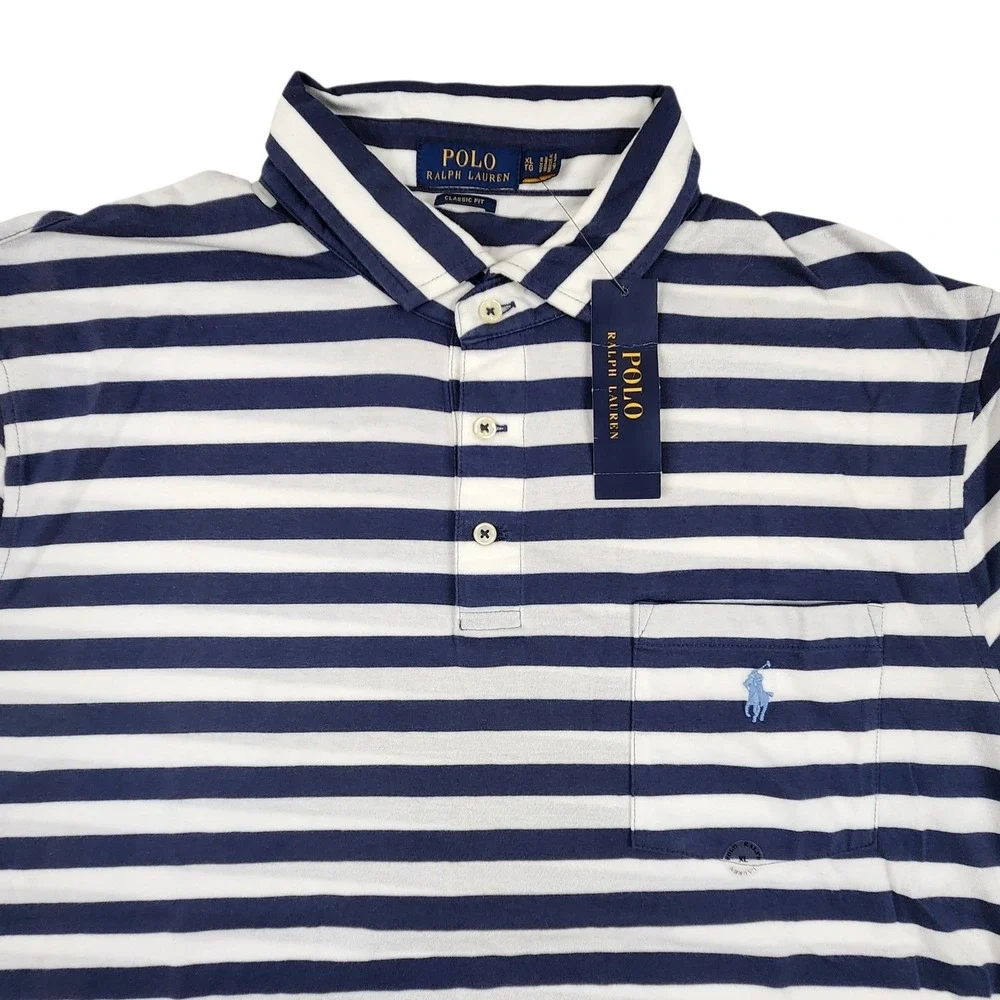 NWT Polo Ralph Lauren Striped Polo Shirt XL Blue Classic Fit Pocket Tee